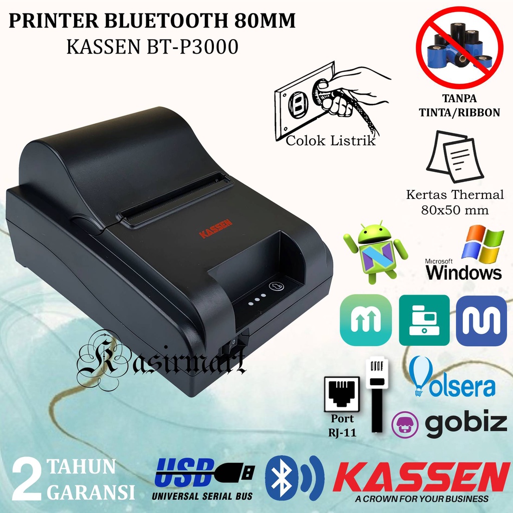 Kassen BTP3000 Printer Thermal 80mm USB Bluetooth BT-P3000 Cetak Struk Kasir Kitchen Dapur PPOB Kertas 80x50 Support RJ11 Mokapos Pawoon Olsera