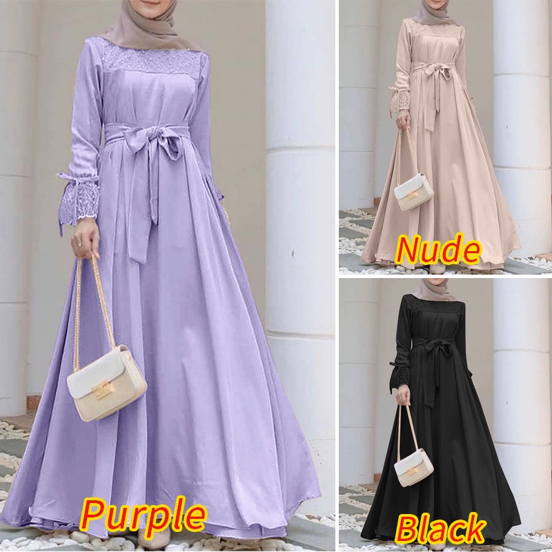 ZANZEA Women Fashion Flare Long Sleeve Solid Color Lace Patchwork Muslim Dress