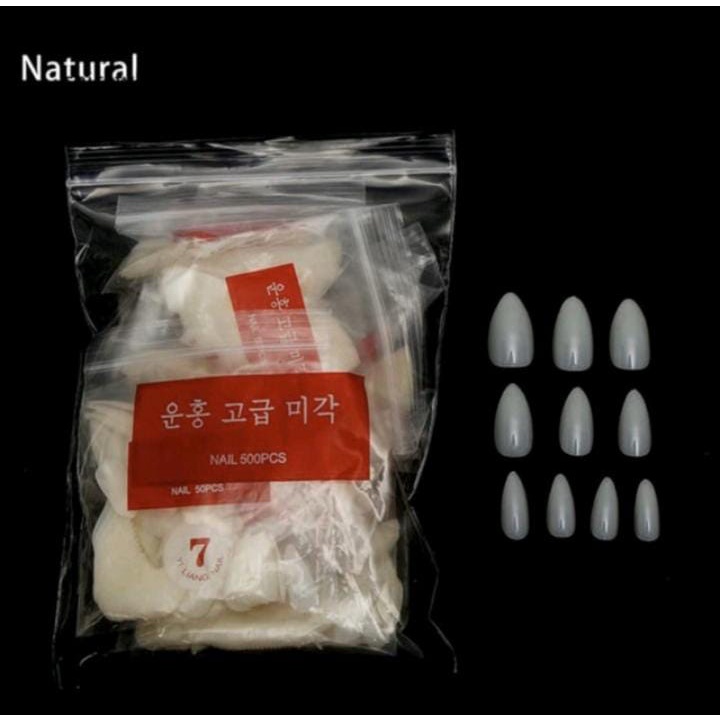 KUKU PALSU ALMOND NATURAL SHAPE fake NAILS 500PCS NATURAL KUPAL BENTUK ALMOND RUNCING LANCIP