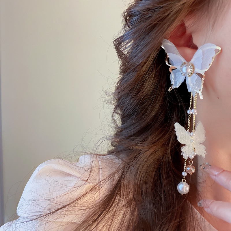 Anting Gantung Panjang Model Kupu-Kupu Dengan Kristal + Mutiara Untuk Wanita Butterfly