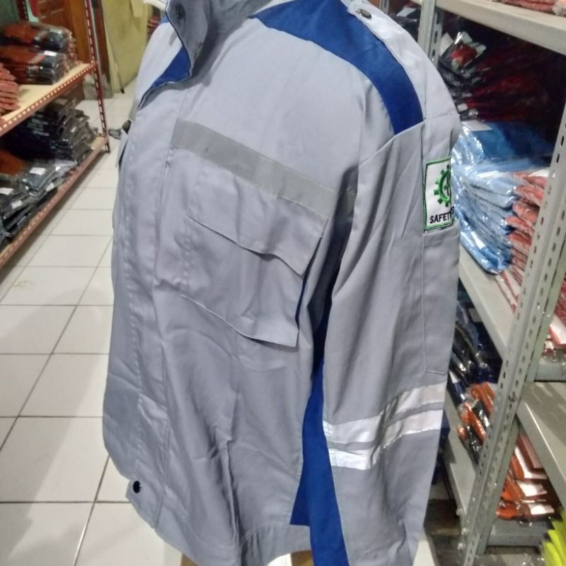 SERAGAM BAJU SAFETY SEMI JAKET FREE LOGO BENDERA K3 BIRU ABU ABU