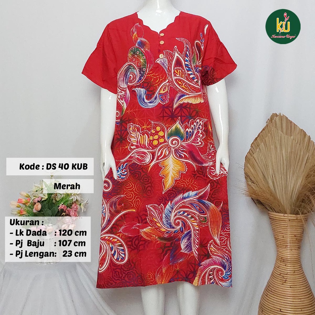 COD DS40 KUB | Daster Batik Kencana Ungu Asli Label Biru Ukuran Jumbo | Baju Santai Tidur Wanita Dewasa Kancing Depan Busui Friendly Motif Terbaru-Merah B