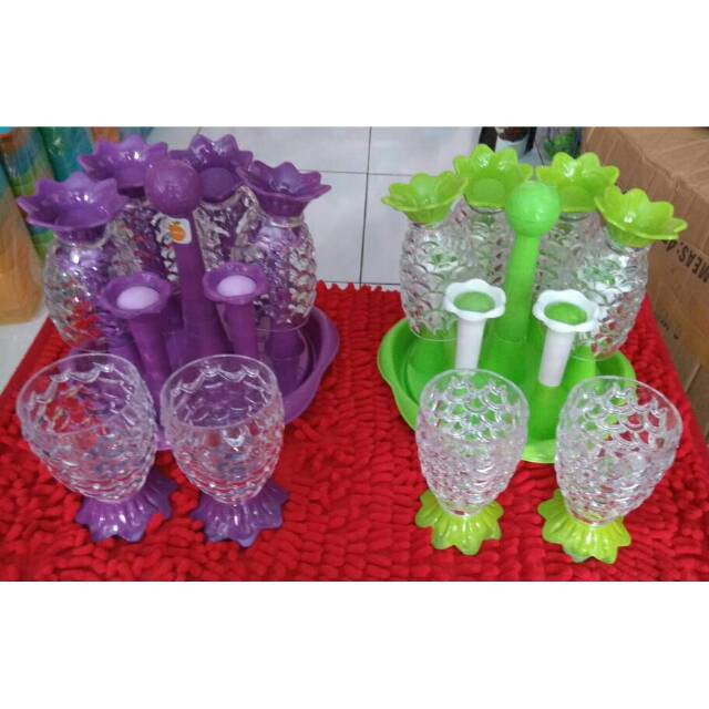 Gelas nanas set holder 6 pcs / gelas ikan set / gelas kristal motif ikan