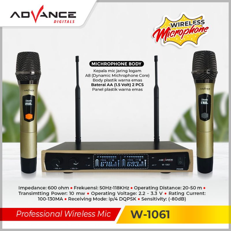 Advance Microphone Mic Double Wireless + Receiver W-1061