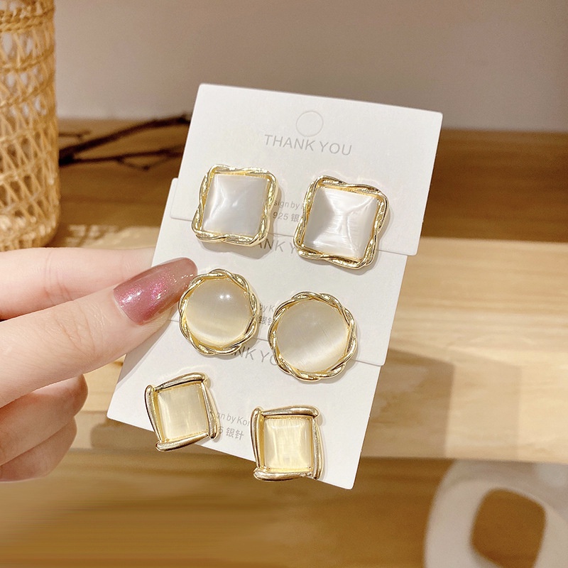 Fashion Temperament Women Jewelry Alloy Geometry Opal Stud Earrings