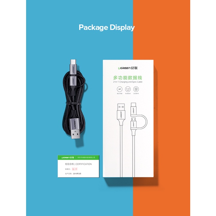 【Stok Produk di Indonesia】Ugreen 2in1 Kabel Data / Charger Micro USB Tipe-C Fast Charging Panjang 1m Untuk Samsung Galaxy S10 / S9