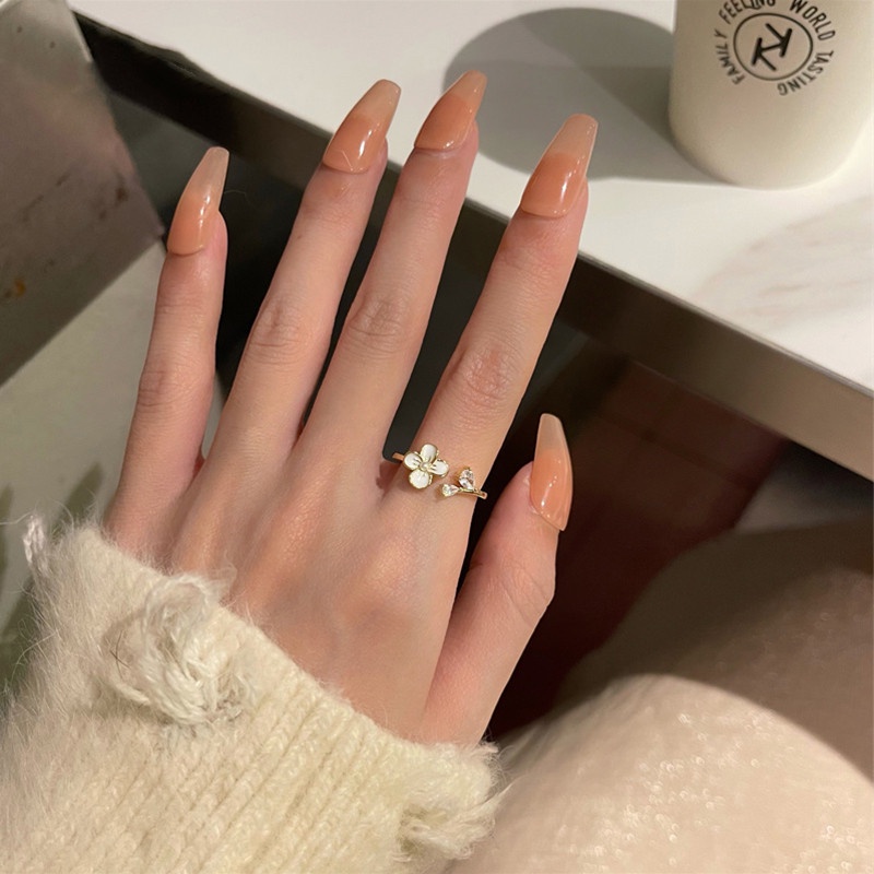 Cincin Jari Telunjuk Model Terbuka Adjustable Desain Bunga Hias Mutiara Zirkon Untuk Wanita