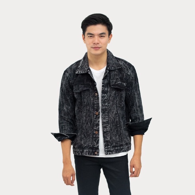 EMOLINE Jaket Jeans Pria Men Denim Tebal High Quality Sandwash Hitam