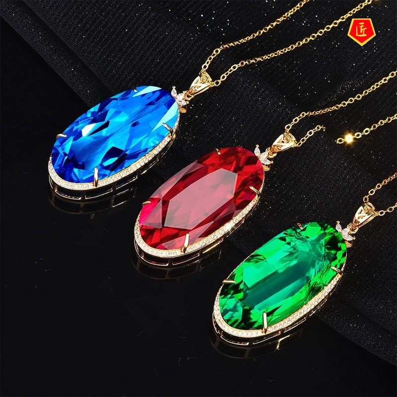 [Ready Stock]Luxury 18K Gold Emerald Pendant European and American Colored Gems Necklace