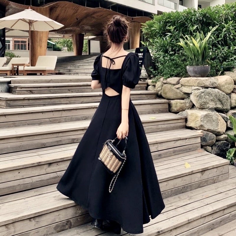 Freyin backless dress korean black midi dress pesta puffy dress formal casual