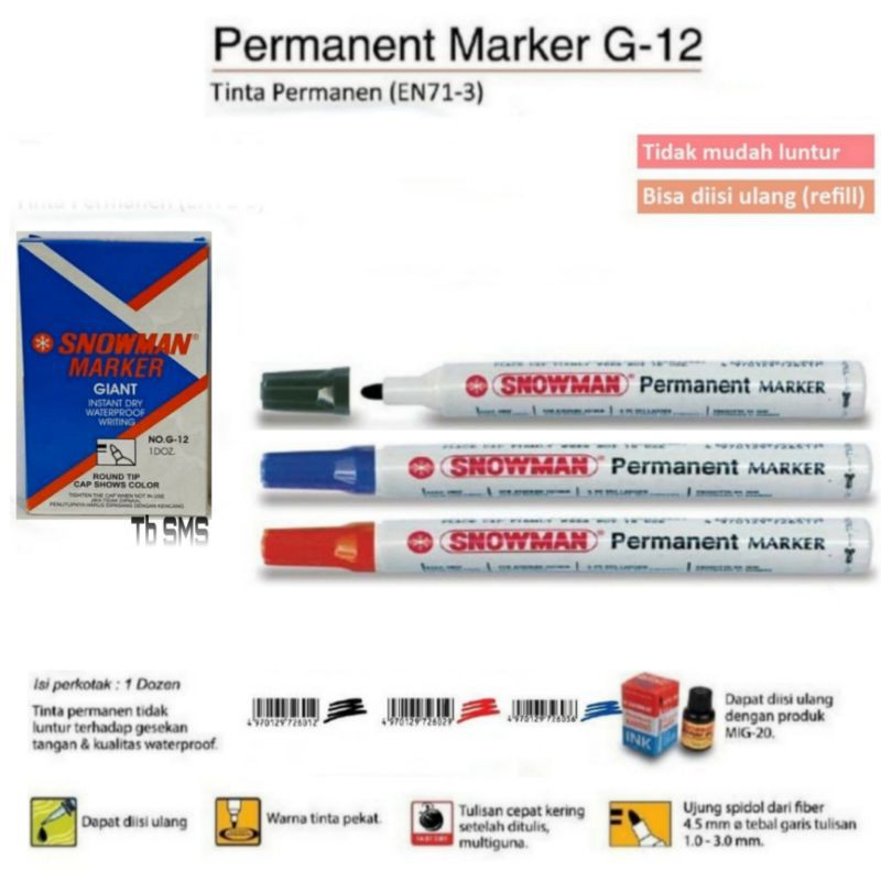 

Spidol Snowman Permanen Serbaguna G12 / Permanent Marker - Varian Warna