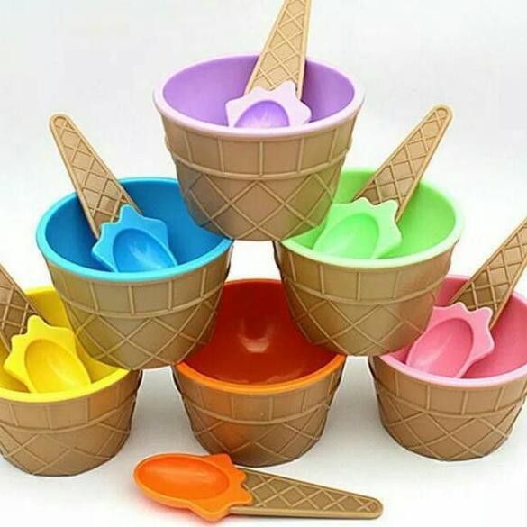 Mangkok Es Krim Mangkuk Cemilan Ice Cream Bowl Set Mangkok Sendok Plastik Cute Cone WARNA Lucu