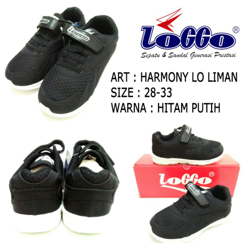 SEPATU SEKOLAH ANAK UNISEX CEWEK COWOK KREKETAN HITAM PUTIH LOGGO HARMONY LO LIMAN SIZE 28-33