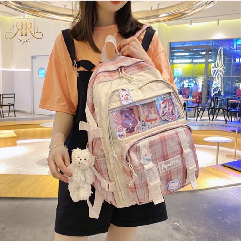 TAS RANSEL PUNGGUNG SEKOLAH ANAK PEREMPUAN WANITA PRINT MOTIF KOTAK POLOS KAPASITAS BESAR MUAT LAPTOP BUKU LKS