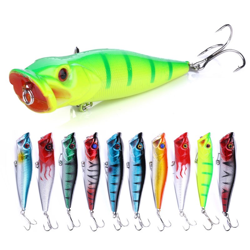 HENGJIA 10pcs Umpan Pancing Big Popper Fishing Lure Artificial Fishing Bait Crankbait Ikan High Carbon Steel Hook Alat Pancing Fishing Lures 9cm/12g