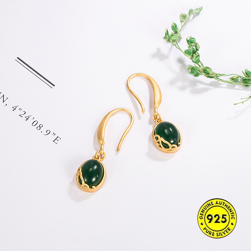 Anting Kait Gantung Silver S925 Desain Bunga Jasper Cina Retro Untuk Wanita