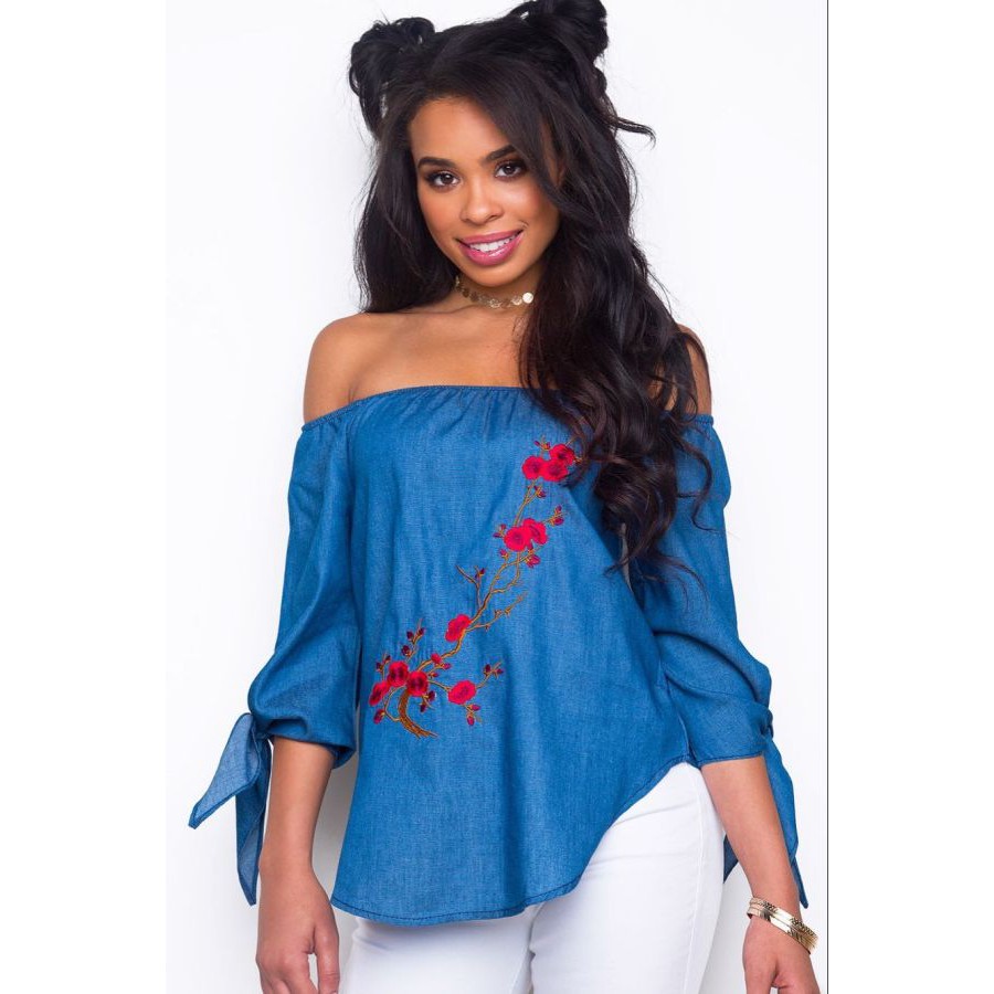 Sabrina Blouse LEngan 7/8 Import - 31982 Blue Denim Off-shoulder Top