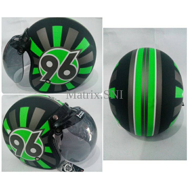 HM-2339 Helm Retro Sni Jpn Bogo Asli Motif Angka 96 Hitam Garis Hijau Sxri Murah