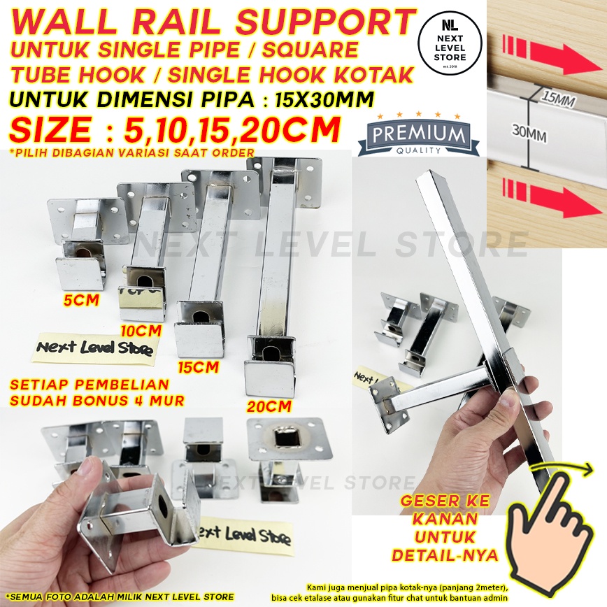 Wall Hanging Rail Support Single Hook Kotak Cantolan Pipa Bracket - Pilih ukuran di VARIASI