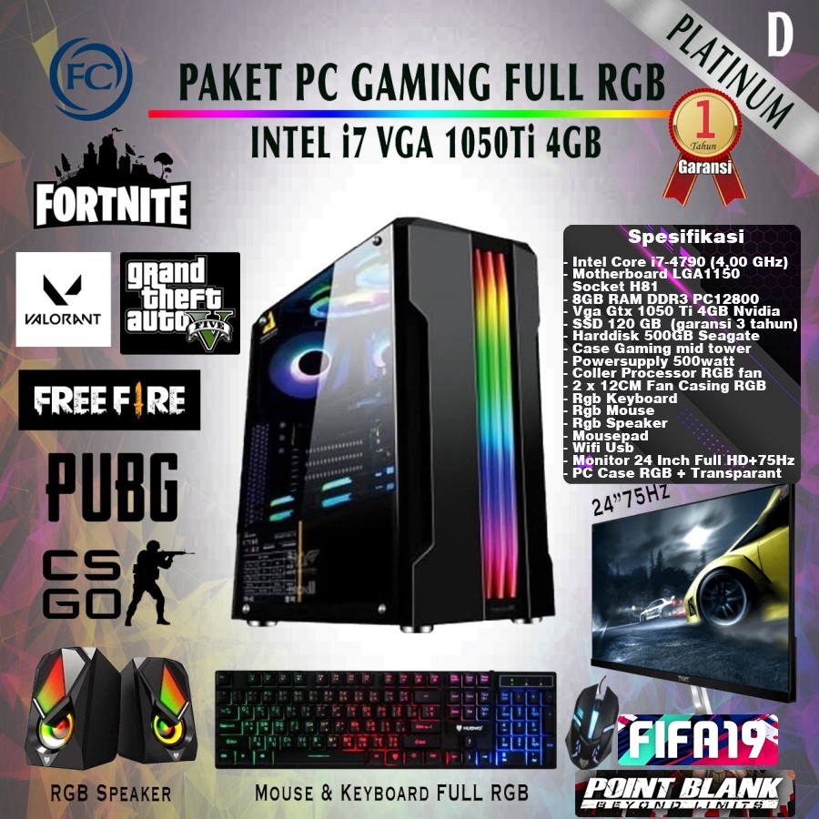 Bergaransi (GGP) PC GAMING i7 GTX 1050 TI Full Set Keyboard Mouse Speaker RGB + Monitor Gaming