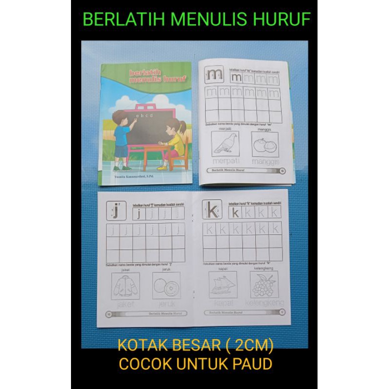 BUKU BERLATIH MENULIS HURUF ABJAD  TK PAUD, BUKU KEGIATAN ANAK PAUD MENGENAL MENULIS MENEBALKAN HURU