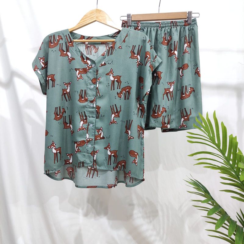 0PIYAMA KANCING PENDEK | PIYAMA BUSUI PENDEK | PIYAMA RAYON | BAJU TIDUR MURAH-KCB 46