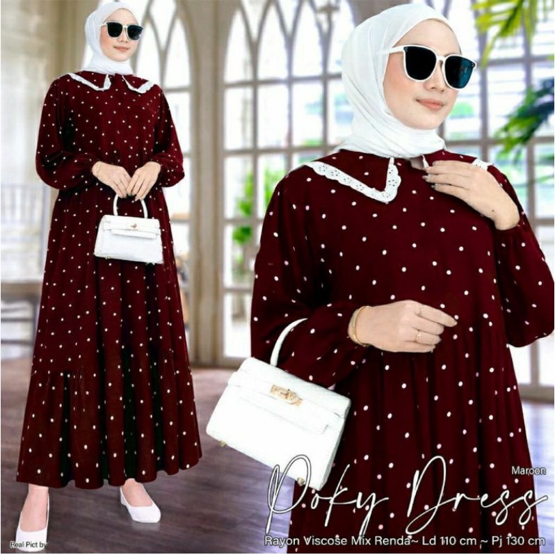 midi dress motif polkadot terbaru / midi dress polka busui / poky dress viral