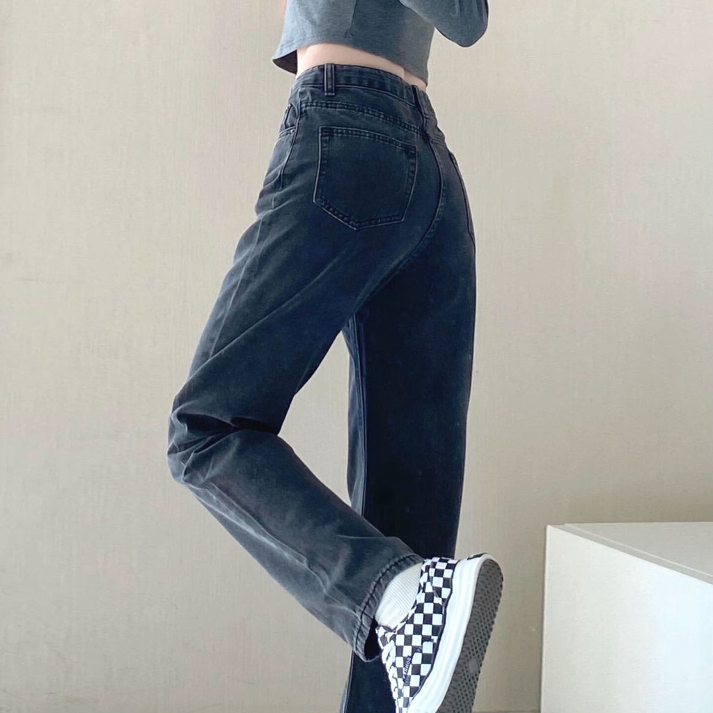 hitam new high waist straight leg celana jeans panjang wanita