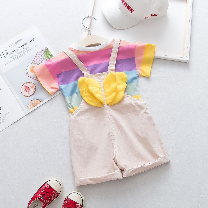 KF Cat Setelan anak perempuan jumpsuit+kaos garis garis lengan pendek sayap malaikat set anak cewek import-2