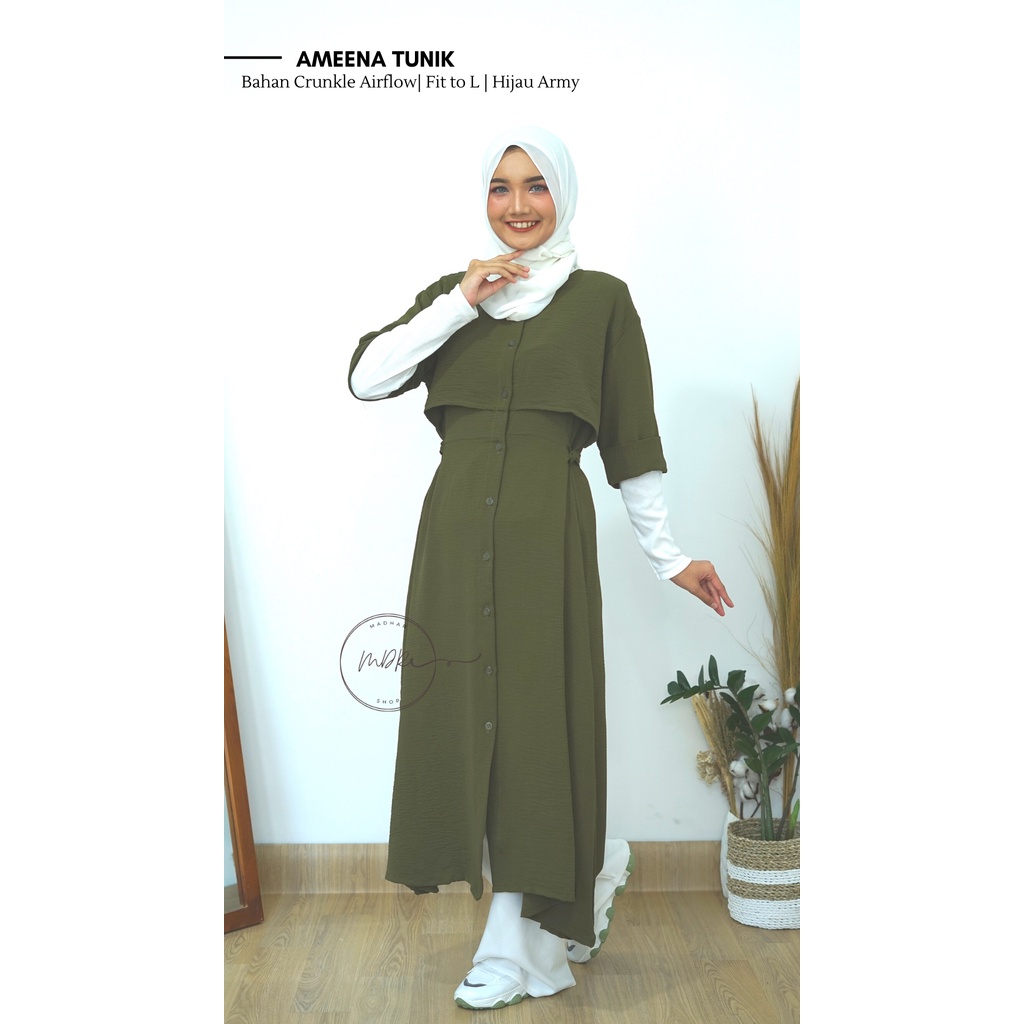 Ameena  dress Crincle Busui Premium Import Tangan 3/4 Kancing Depan jumbo polos Dress Kekinian