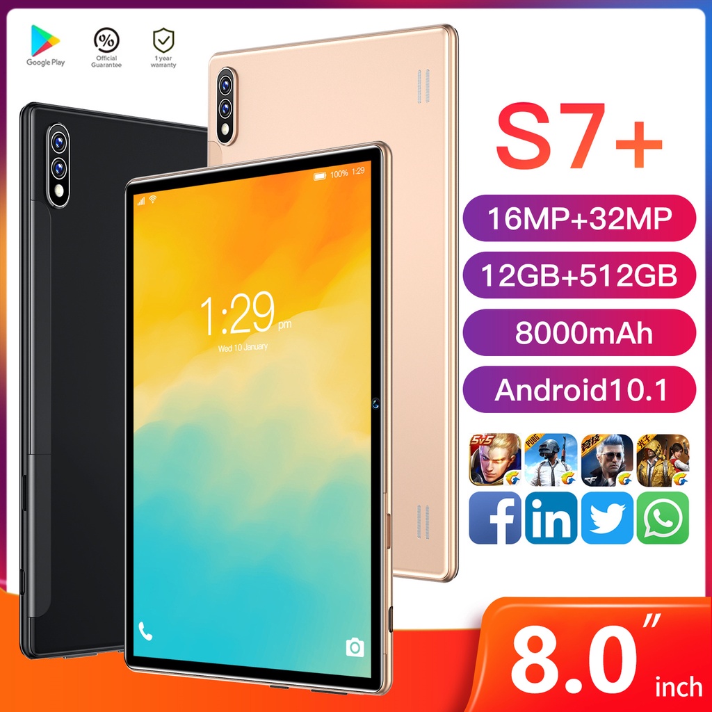 2021 Terbaru Tablet PC S7 12GB + 512GB Tablet Android 8 Inci Layar Full Screen Layar Besar Wifi 5G Dual SIM Tablet Untuk Anak Belajar With Stylus Pen