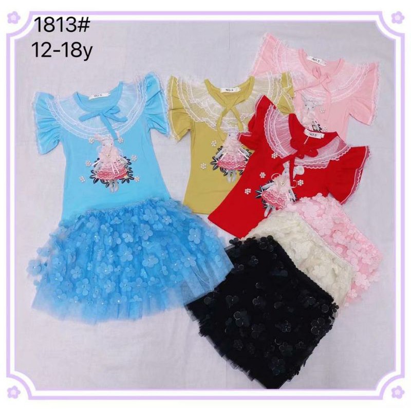 Setelan Rok Tutu Renda Combi Tile Anak usia 1-2T Atasan Merah Bawahan Hitam