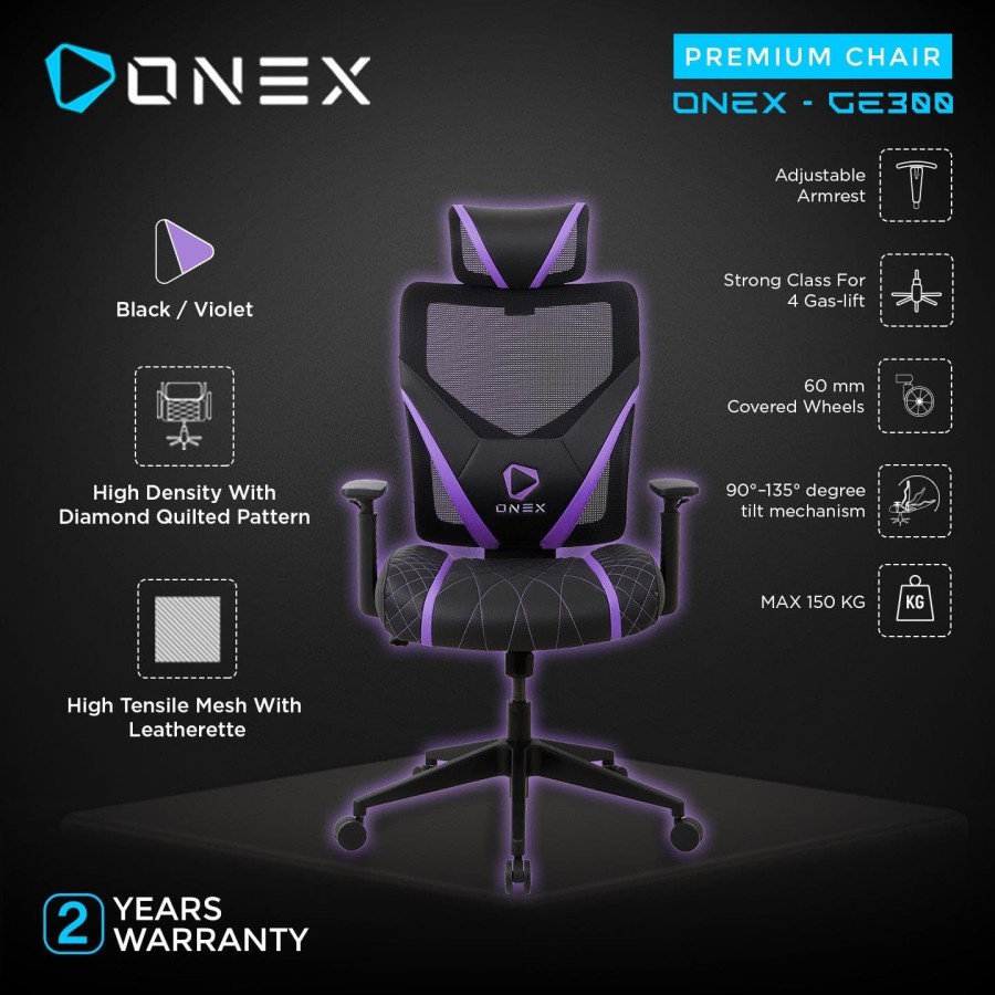 Kursi Gaming ONEX GE300 Premium Quality Mesh Gaming Chair Kursi-Violet