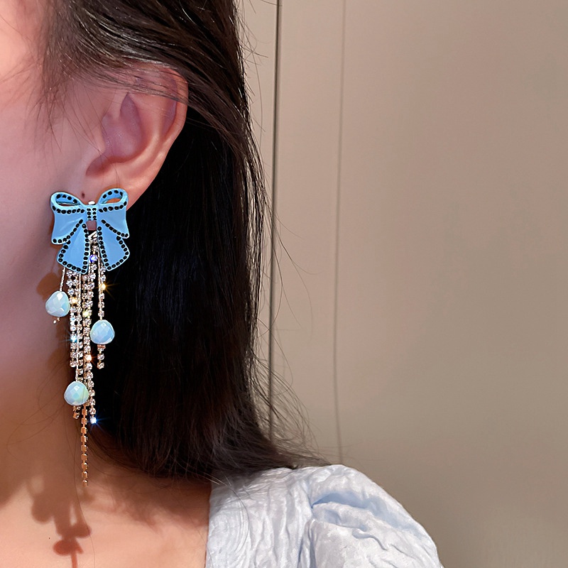 Fancyqube Anting Rumbai Panjang Desain Ikatan Simpul Warna Biru Aksen Manik-Manik Kristal Untuk Wanita