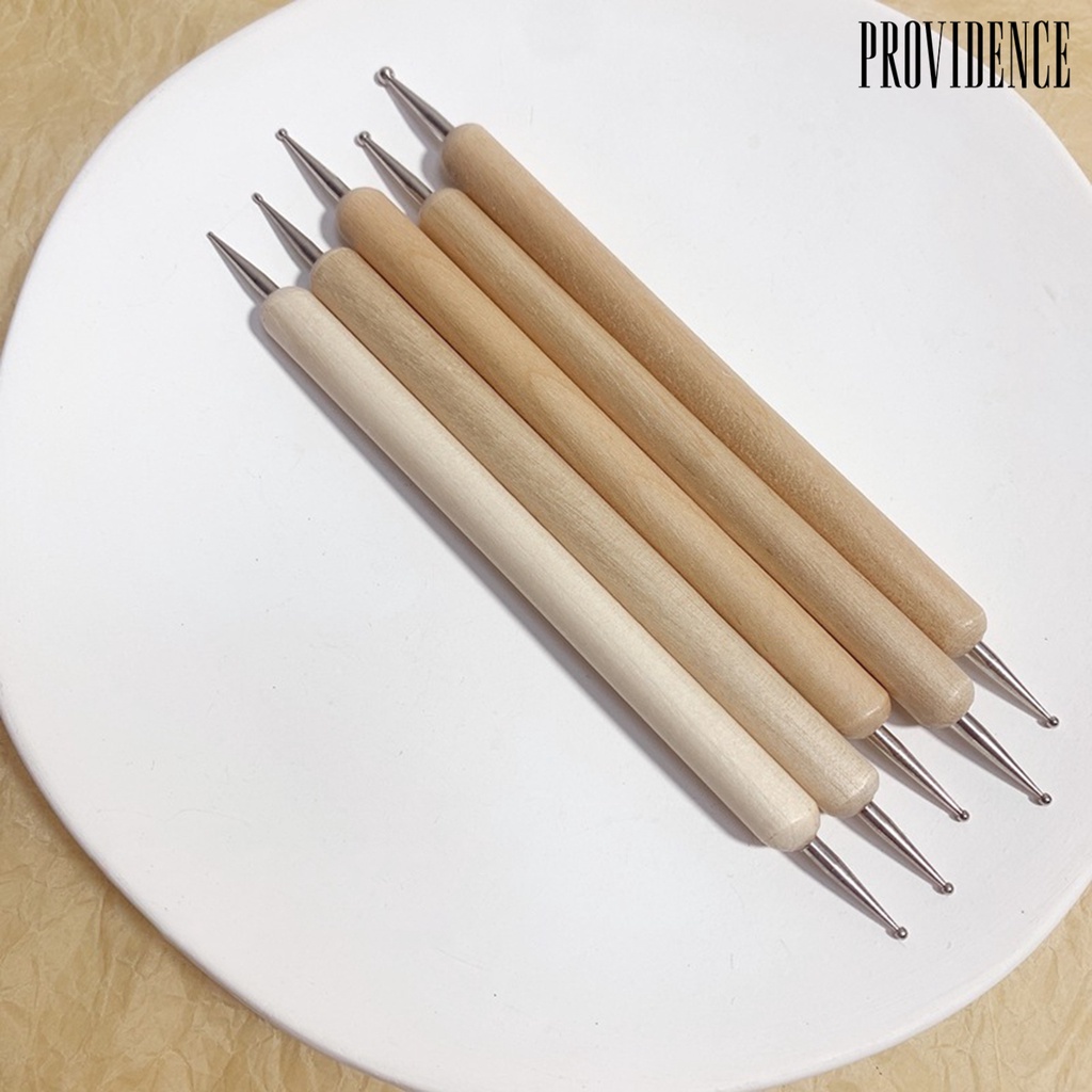 Providence 5pcs / Set Pen Dotting Nail Art Profesional Kepala Ganda Gagang Kayu Ergonomis