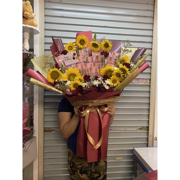 Buket bunga asli baby breath caspea bunga matahari rose mawar crysanthum kuning putih merah birthday