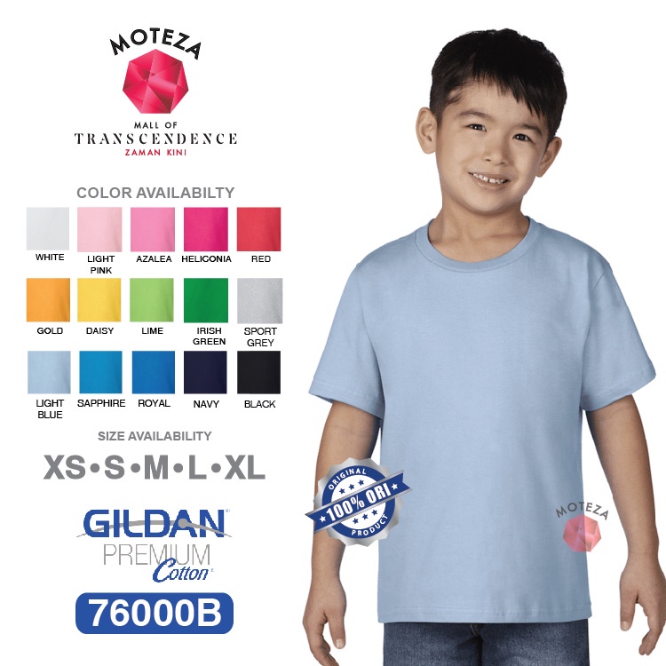 Moteza Kaos Polos - GILDAN Premium Cotton 76000B - YOUTH KIDS - PUTIH &amp; WARNA (Cool)