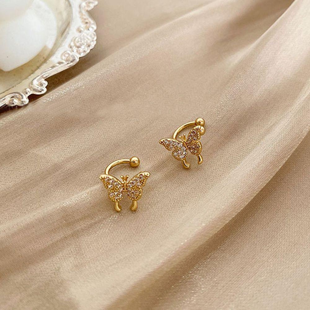 Needway Klip Anting Minimalis Retro Hadiah Untuk Wanita Kupu-Kupu Berlian Imitasi Mengkilap Anting Tulang Rawan Palsu