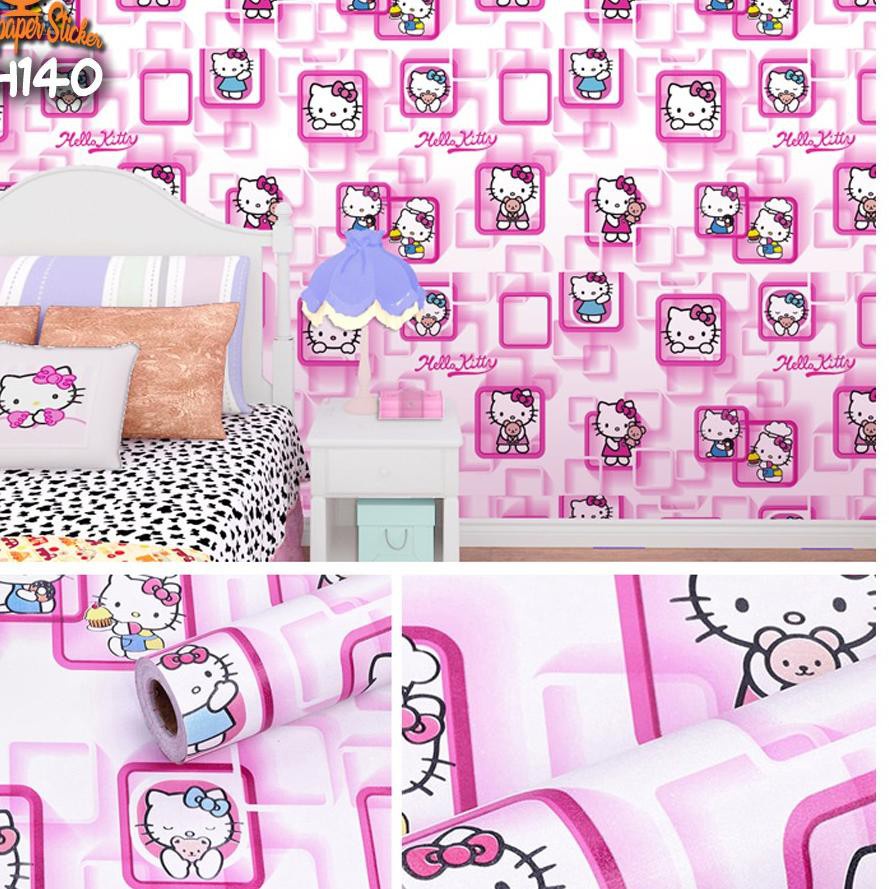 Wallpaper Sticker Dinding Motif Hello Kitty Kotak 3D Pink Ukuran Panjang 10Meter x Lebar 45CM