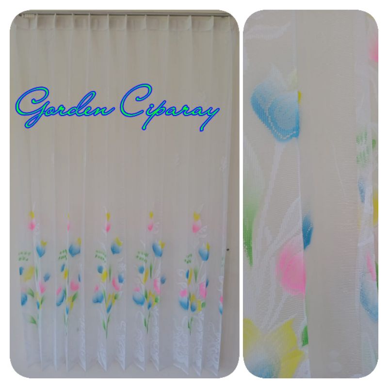 Gorden Vitrase Warna Bunga Tulip Pink Biru Hijau Daun Tirai Jendela Minimalis Model PRISKET Kawat S
