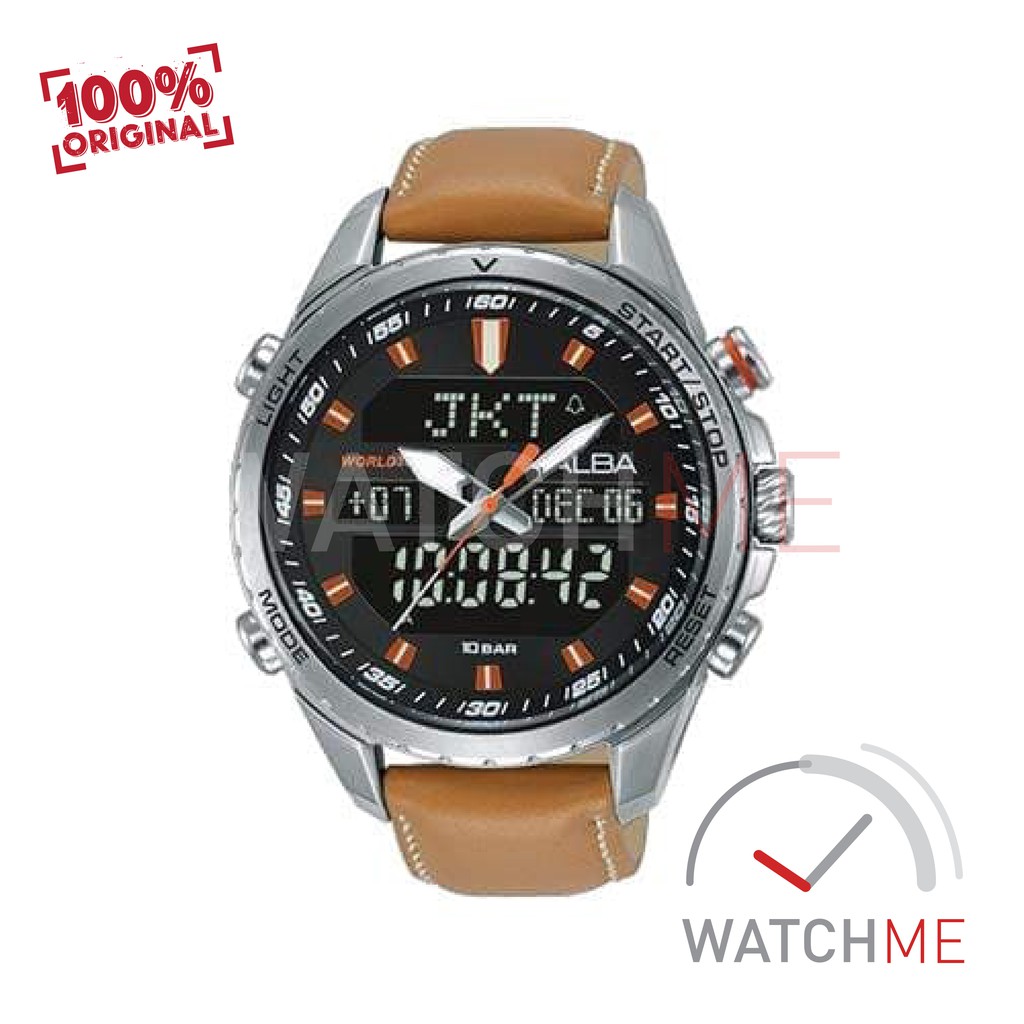 Jam Tangan Pria Alba Digital AZ4065 Black Dial Brown Leather Strap Original Garansi Murah