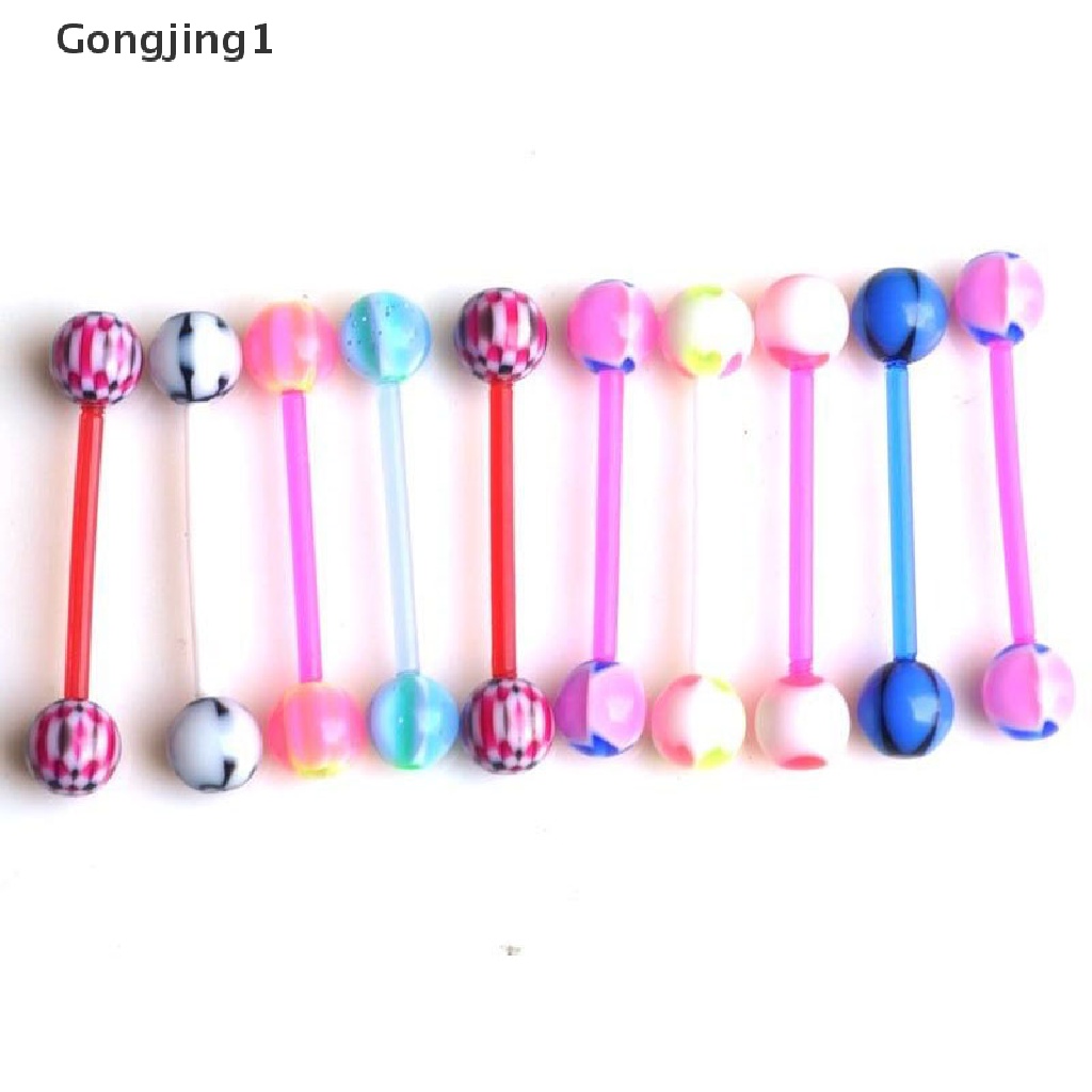 Gongjing1 10PCS / Set Anting Tindik Lidah / Puting / Tubuh Bentuk Barbel + Bola Warna-Warni Untuk Perhiasan Wanita