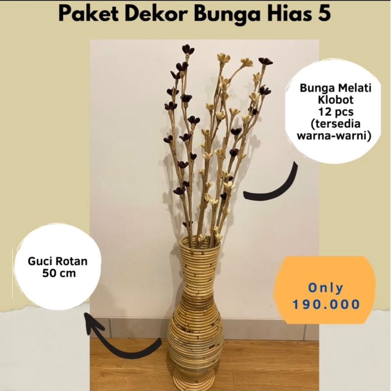 paket vas rotan dan bunga hias kering
