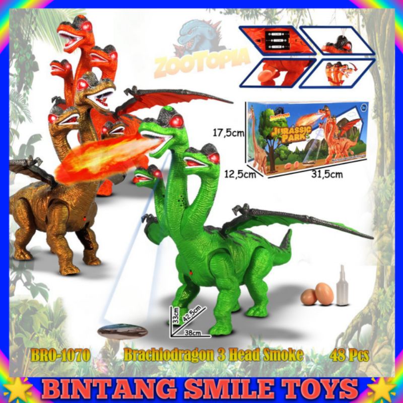 Promo Mainan Dinosaurus Brachiodragon 3 Head Smoke / Mainan Anak Dinosaurus 3 Kepala Bisa Keluar