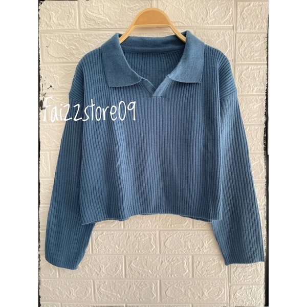 SWEATER RAJUT KERAH POlO MOTIF GARIS SECER WANITA