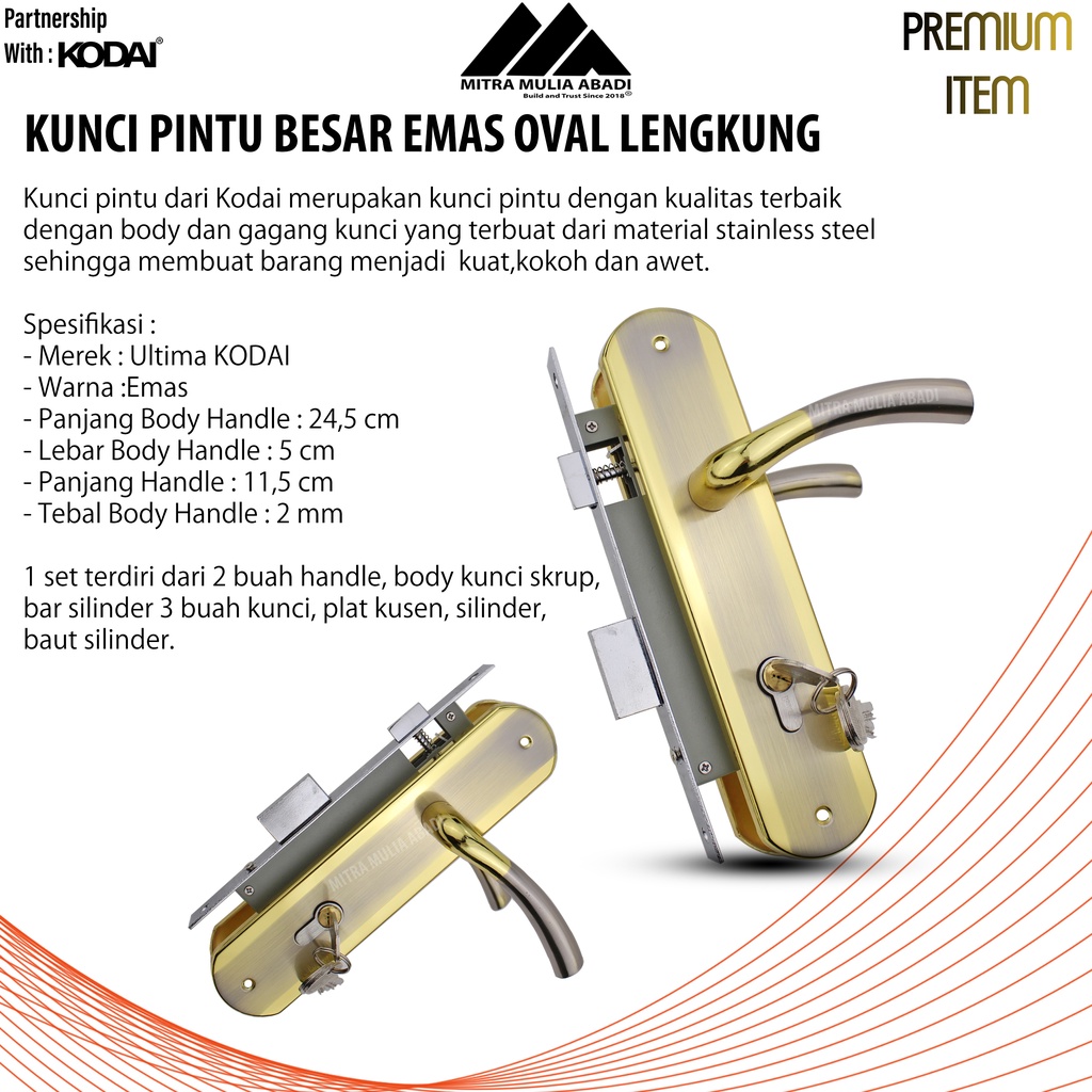 Kunci Pintu Besar Emas Ultima by KODAI | Oval Lengkung | Full Set