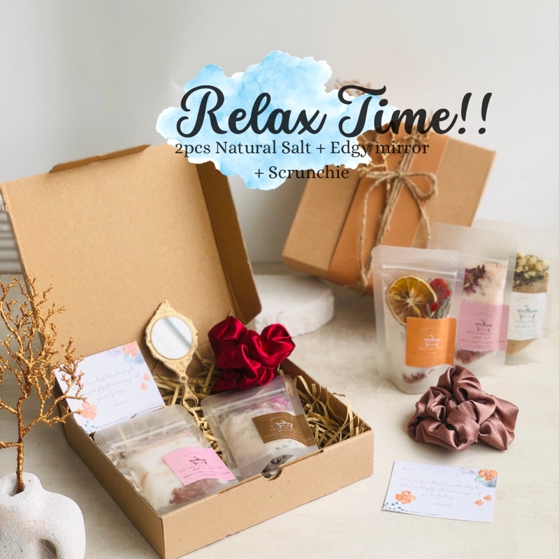 Orgnic&amp;Joy• Hampers Murah| Relax time (2pcs bath salt+scrunchie+mirror) Hampers lebaran,kado ultah,hampers ramadhan,souvenir,gift set