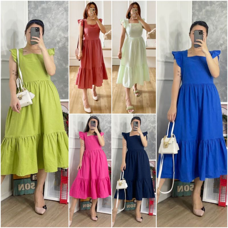 ⚡️ SALE ⚡️ PREMIUM ♡ ORIGINAL ! ALLECIA STABILO VINTAGE PLAIN RUFFLE LESS SLEEVE TRAP  MIDI LAYER DRESS