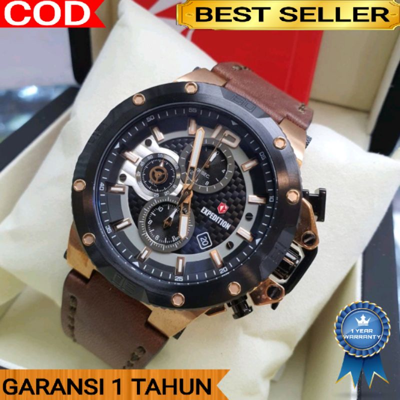 Jam Tangan Pria Expedition E 6751 Kulit Black Rosegold Original Garansi Resmi 1 Tahun
