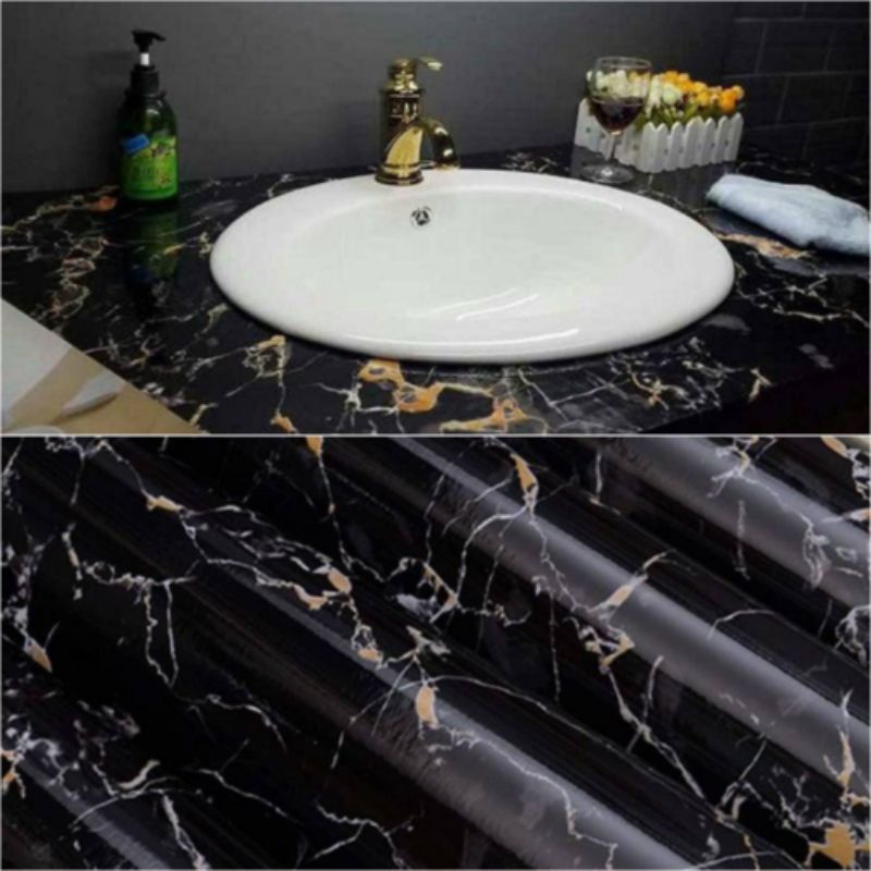 Wallpaper Sticker Dapur Marmer Warna Hitam Tahan minyak Dan panas Wallpaper Dinding Dapur Glosy wall